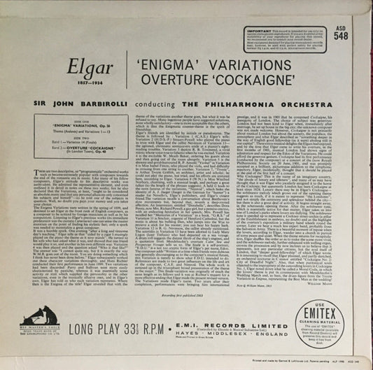Sir Edward Elgar, Sir John Barbirolli · Philharmonia Orchestra : Enigma Variations / Cockaigne Overture (LP, Gol)