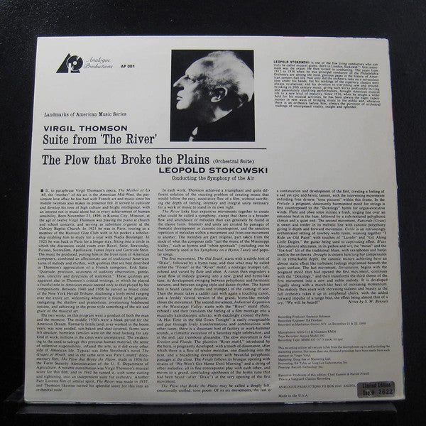 Virgil Thomson, Symphony Of The Air, Leopold Stokowski : The Plow That Broke The Plains · Suite From 'The River' (LP, Ltd, Num, RE, RM)