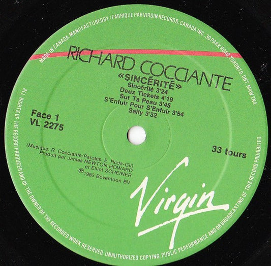 Riccardo Cocciante : Sincérité (LP, Album)