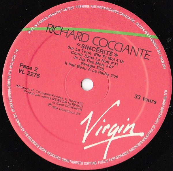 Riccardo Cocciante : Sincérité (LP, Album)