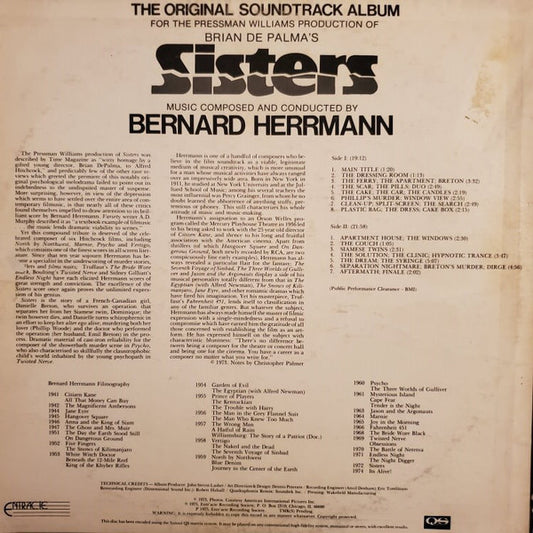 Bernard Herrmann : Sisters (Original Motion Picture Soundtrack) (LP, Album, Quad)