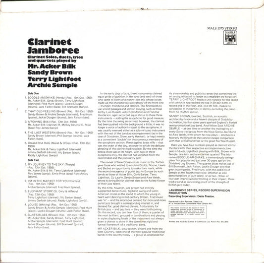 Acker Bilk, Sandy Brown (3), Terry Lightfoot, Archie Semple : Clarinet Jamboree: Clarinet Solos, Duets, Trios And Quartets (LP)