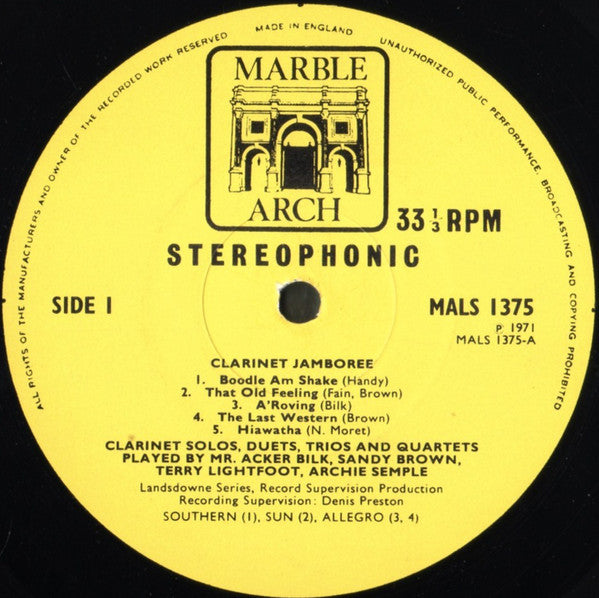Acker Bilk, Sandy Brown (3), Terry Lightfoot, Archie Semple : Clarinet Jamboree: Clarinet Solos, Duets, Trios And Quartets (LP)