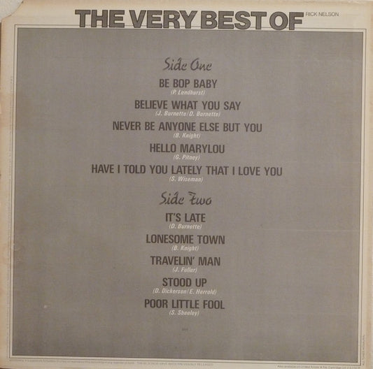Rick Nelson* : The Very Best Of Rick Nelson (LP, Comp, Mono)