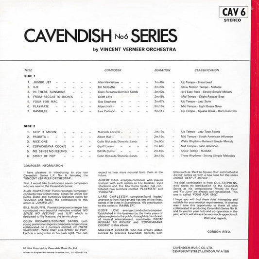 Vincent Vermeer Orchestra : Cavendish Series 6 (LP)