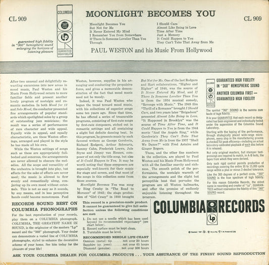 Paul Weston And His Music From Hollywood : Moonlight Becomes You (LP, Album, No )