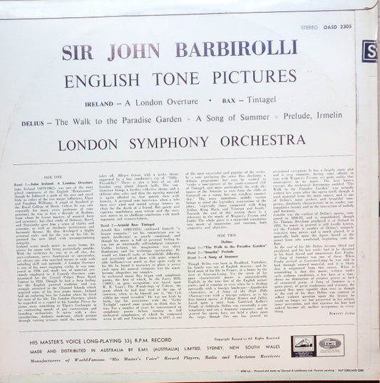 Sir John Barbirolli • John Ireland / Arnold Bax / Frederick Delius • London Symphony Orchestra : English Tone Pictures (LP)