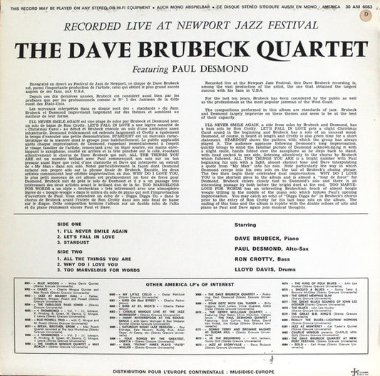 The Dave Brubeck Quartet Featuring: Paul Desmond : Recorded Live At Newport Jazz Festival (LP, Album)