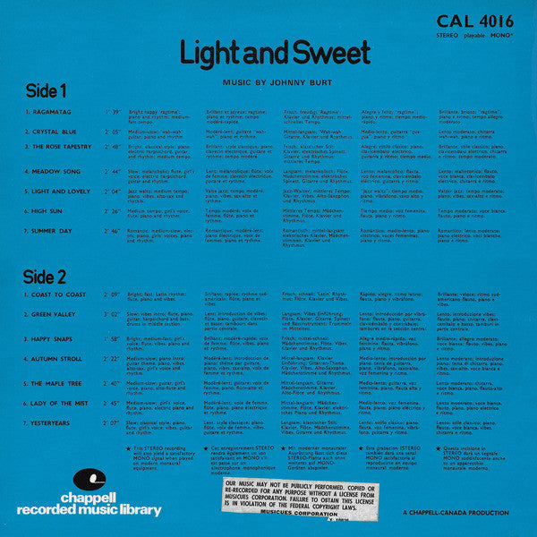 The Johnny Burt Sound : Light And Sweet (LP)