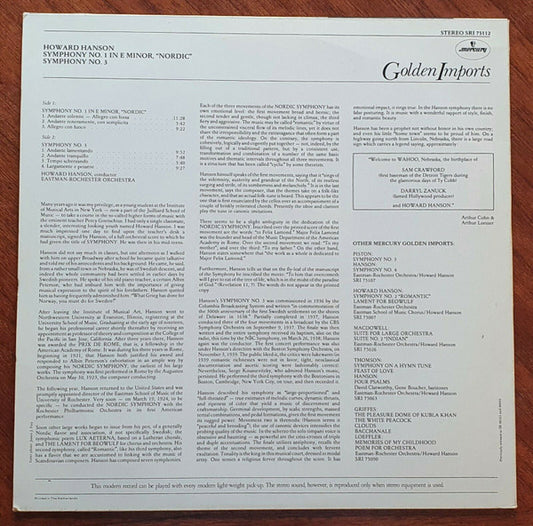 Howard Hanson, Eastman-Rochester Orchestra : Symphonies Nos. 1 "Nordic" And 3 (LP, Album, Comp, RE)