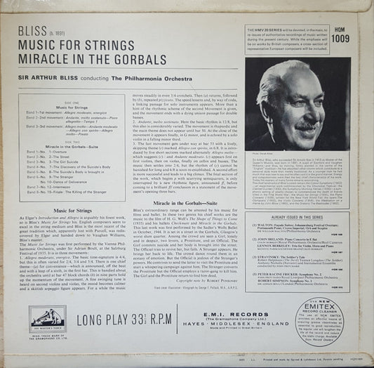 Arthur Bliss / Philharmonia Orchestra : Music For Strings / Miracle In The Gorbals (LP, Album, Mono, RE)