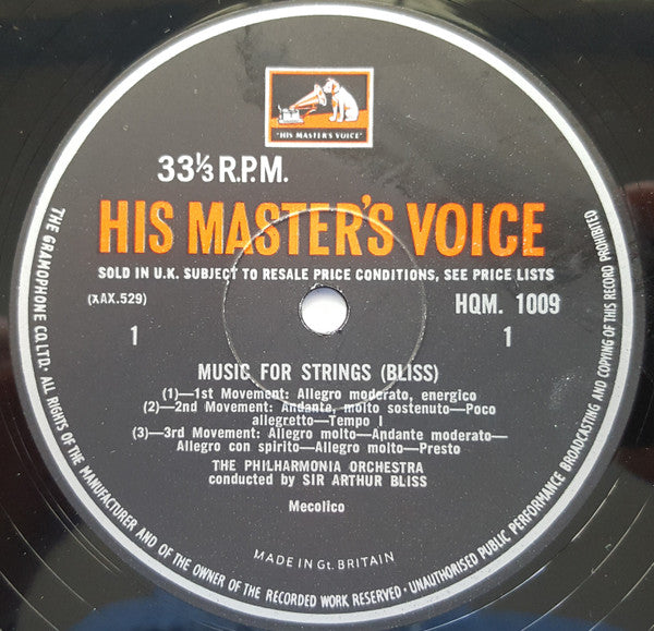Arthur Bliss / Philharmonia Orchestra : Music For Strings / Miracle In The Gorbals (LP, Album, Mono, RE)