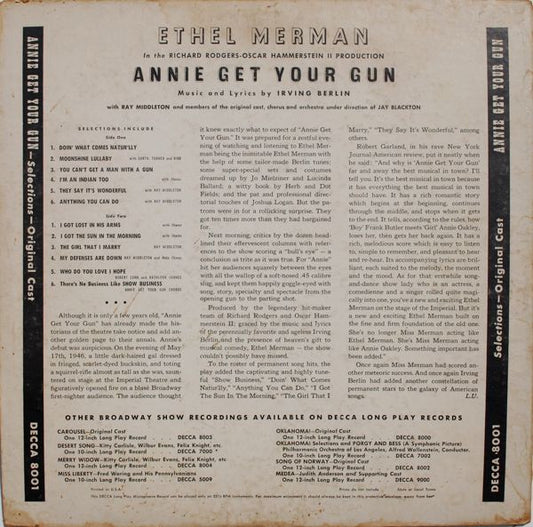 Ethel Merman With Ray Middleton, "Annie Get Your Gun" Original Broadway Cast : Annie Get Your Gun (LP, Album, RE)