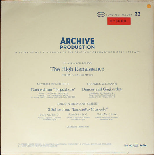Michael Praetorius, Erasmus Widmann, Johann Hermann Schein, Collegium Terpsichore : Daentze Aus "Terpsichore" ‧ Daentze Und Galliarden ‧ 3 Suiten Aus "Banchetto Musicale" (LP, RE)