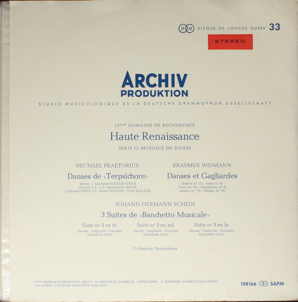Michael Praetorius, Erasmus Widmann, Johann Hermann Schein, Collegium Terpsichore : Daentze Aus "Terpsichore" ‧ Daentze Und Galliarden ‧ 3 Suiten Aus "Banchetto Musicale" (LP, RE)
