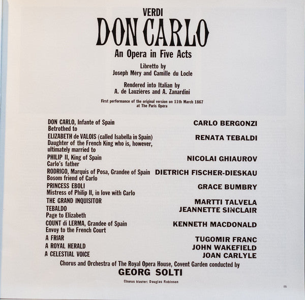 Giuseppe Verdi, Nicolai Ghiaurov · Carlo Bergonzi · Grace Bumbry · Renata Tebaldi · Dietrich Fischer-Dieskau, Chorus Of The Royal Opera House, Covent Garden & Orchestra Of The Royal Opera House, Covent Garden, Georg Solti : Don Carlo (4xLP, Album, RE + Box)