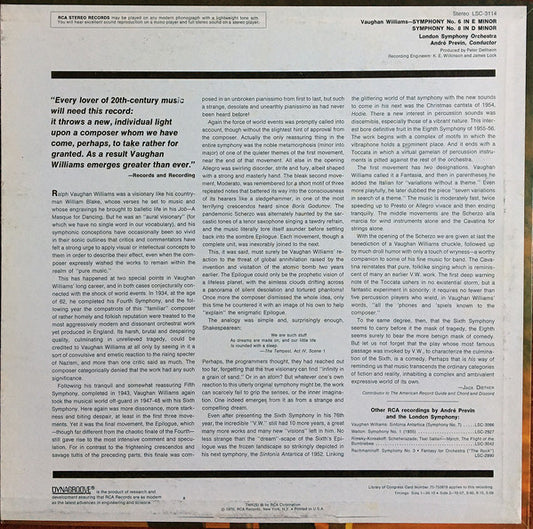 André Previn Conducts The Symphonies Of Ralph Vaughan Williams, London Symphony Orchestra : No 6 In E Minor / Symphony 8 In D Minor (LP, RE, Ind)