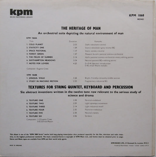 Eugene Cines / Derrick Mason : The Heritage Of Man/Textures For String Quartet, Keyboard, & Percussion (LP)