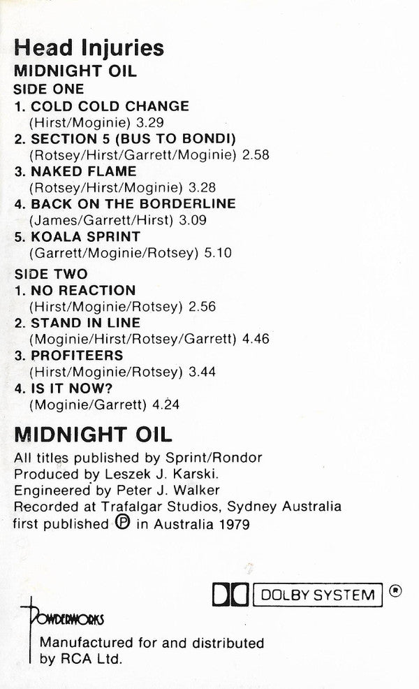Midnight Oil : Head Injuries (Cass, Album)