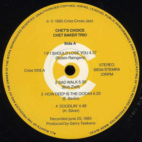 Chet Baker Trio Featuring Philip Catherine : Chet's Choice (LP, Album)