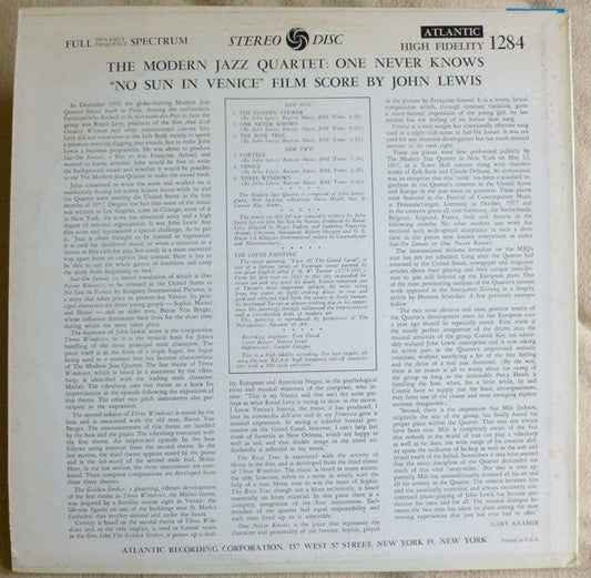 The Modern Jazz Quartet : The Modern Jazz Quartet Plays One Never Knows - Original Film Score For “No Sun In Venice” (LP, Album)