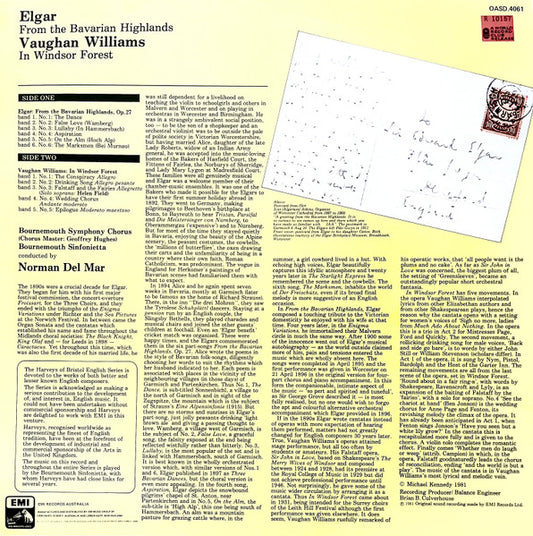 Sir Edward Elgar / Ralph Vaughan Williams, Norman Del Mar, Bournemouth Sinfonietta, Bournemouth Symphony Chorus : From The Bavarian Highlands / In Windsor Forest (LP)