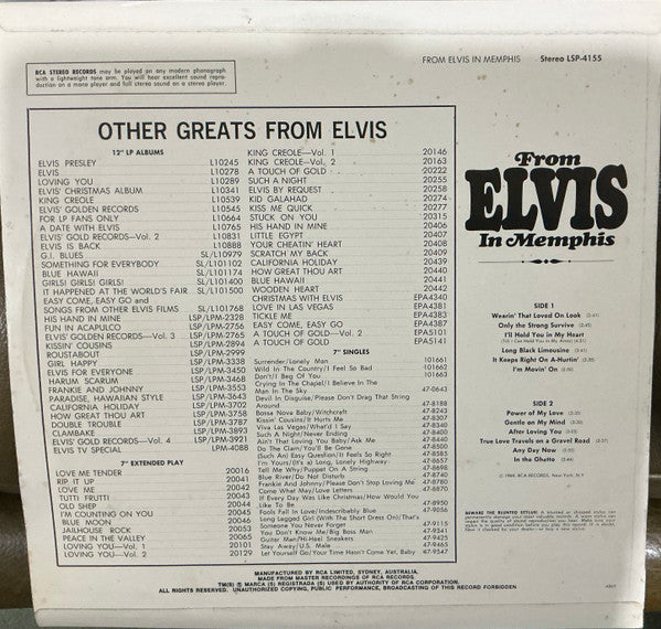 Elvis Presley : From Elvis In Memphis (LP, Album, Bla)