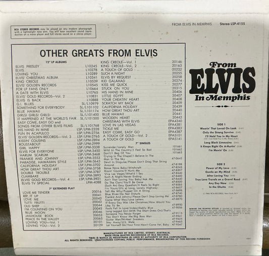 Elvis Presley : From Elvis In Memphis (LP, Album, Bla)