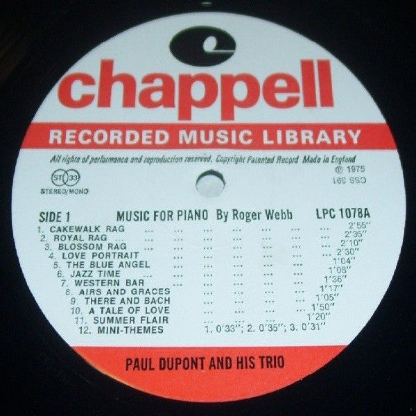 Paul Dupont And His Trio : Music For Piano By Roger Webb (LP, Album)