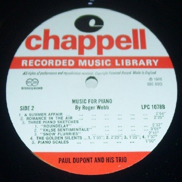 Paul Dupont And His Trio : Music For Piano By Roger Webb (LP, Album)