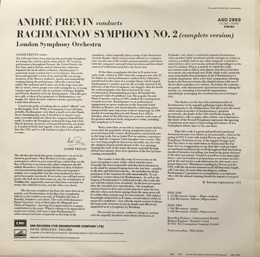 André Previn Conducts London Symphony Orchestra / Sergei Vasilyevich Rachmaninoff : 2nd Symphony (Complete Version) (LP, RE)