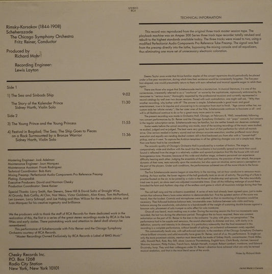Nikolai Rimsky-Korsakov, Chicago Symphony Orchestra, Fritz Reiner : Scheherazade (LP, Album, RE)