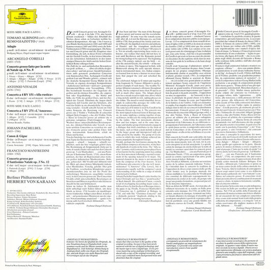 Tomaso Albinoni, Arcangelo Corelli, Antonio Vivaldi, Johann Pachelbel, Francesco Manfredini / Herbert Von Karajan & Berliner Philharmoniker : Adagio / Kanon & Gigue / Concerti Grossi / Concerti "Alla Rustica" & "L'Amoroso" (LP, Comp, RM)