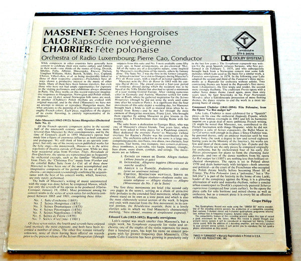 Jules Massenet / Édouard Lalo / Emmanuel Chabrier - Orchestra Of Radio Luxembourg, Pierre Cao : Scènes Hongroises (Suite For Orchestra / Rapsodie Norvégienne / Fête Polonaise For Orchestra (LP, Album, Quad)