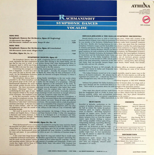 Sergei Vasilyevich Rachmaninoff, Dallas Symphony Orchestra, Donald Johanos : Symphonic Dances, Vocalise (LP, Ltd, RE, RM)