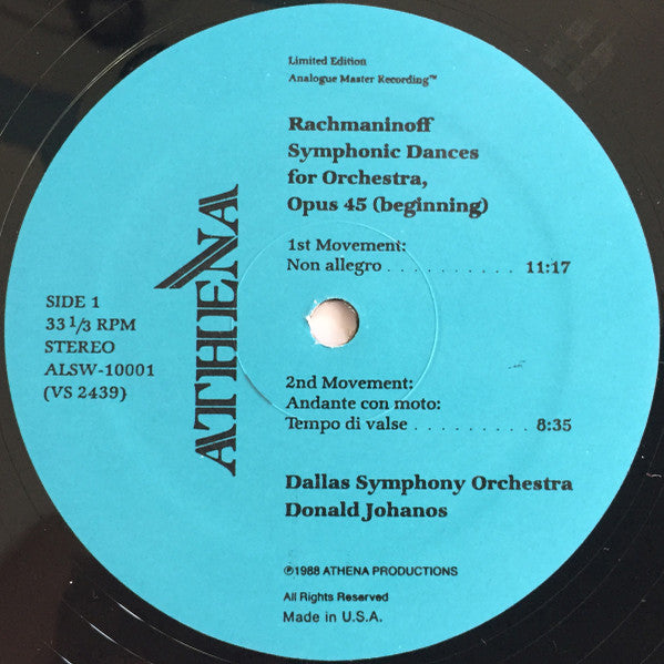 Sergei Vasilyevich Rachmaninoff, Dallas Symphony Orchestra, Donald Johanos : Symphonic Dances, Vocalise (LP, Ltd, RE, RM)