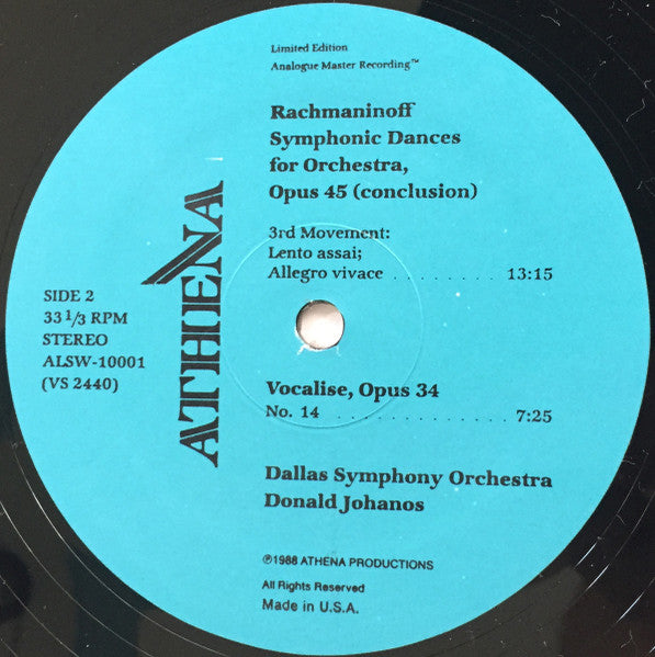 Sergei Vasilyevich Rachmaninoff, Dallas Symphony Orchestra, Donald Johanos : Symphonic Dances, Vocalise (LP, Ltd, RE, RM)