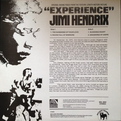 Jimi Hendrix : Original Sound Track From The Feature Length Motion Picture “Experience” (LP, Album, RE)