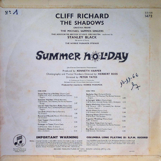 Cliff Richard And The Shadows* : Summer Holiday (LP, Album, Mono)