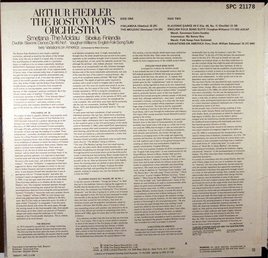 Bedřich Smetana / Jean Sibelius / Antonín Dvořák / Ralph Vaughan Williams / Charles Ives - Arthur Fiedler, Boston Pops Orchestra : The Moldau / Finlandia / Slavonic Dance, Op. 46, No. 1 / English Folk Song Suite / Variations On America (LP, Album)