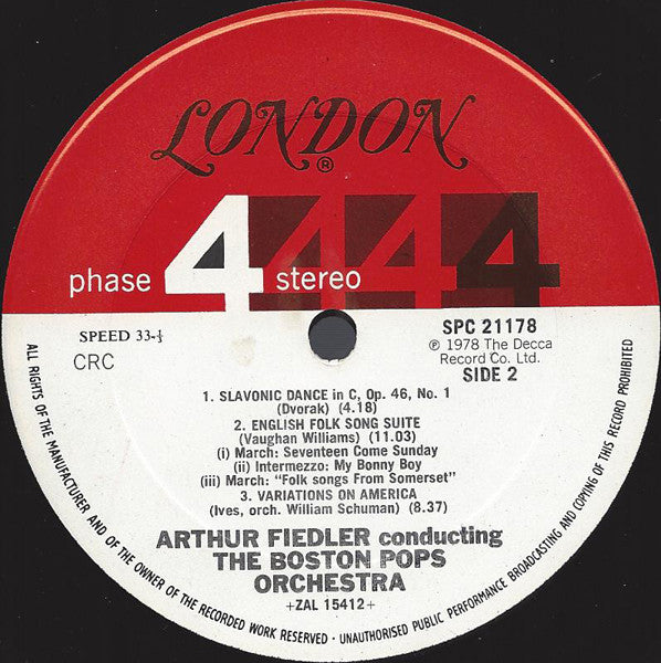 Bedřich Smetana / Jean Sibelius / Antonín Dvořák / Ralph Vaughan Williams / Charles Ives - Arthur Fiedler, Boston Pops Orchestra : The Moldau / Finlandia / Slavonic Dance, Op. 46, No. 1 / English Folk Song Suite / Variations On America (LP, Album)