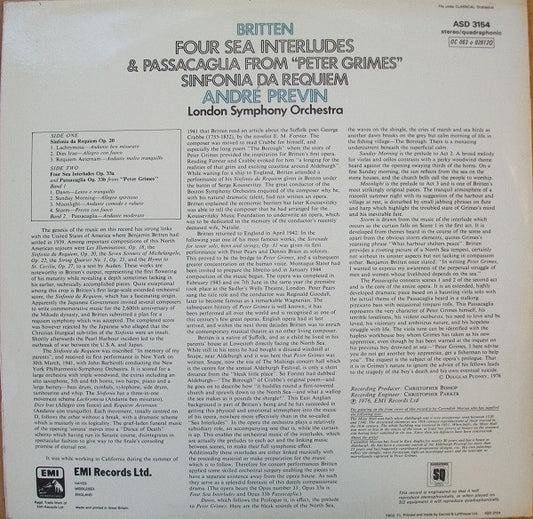 Benjamin Britten - London Symphony Orchestra, André Previn : Four Sea Interludes & Passacaglia From "Peter Grimes" / Sinfonia Da Requiem (LP, Quad)