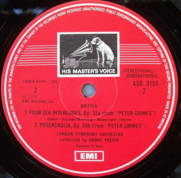 Benjamin Britten - London Symphony Orchestra, André Previn : Four Sea Interludes & Passacaglia From "Peter Grimes" / Sinfonia Da Requiem (LP, Quad)