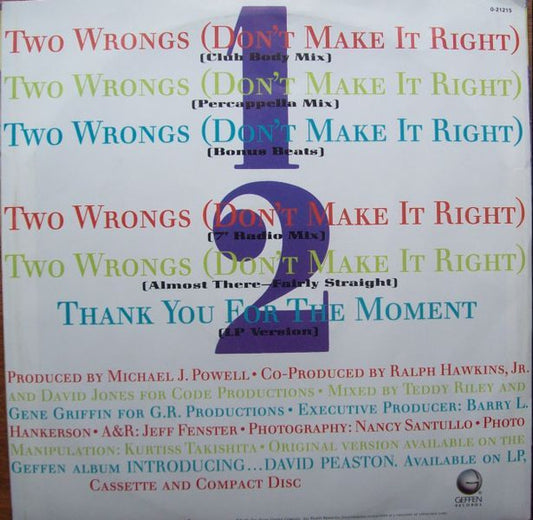 David Peaston : Two Wrongs (Don't Make It Right) (12", Single)
