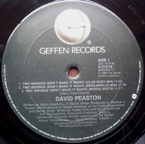 David Peaston : Two Wrongs (Don't Make It Right) (12", Single)
