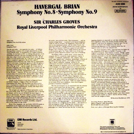 Havergal Brian / Sir Charles Groves / Royal Liverpool Philharmonic Orchestra : Symphony No. 8 • Symphony No. 9 (LP, Album, Quad, Ori)
