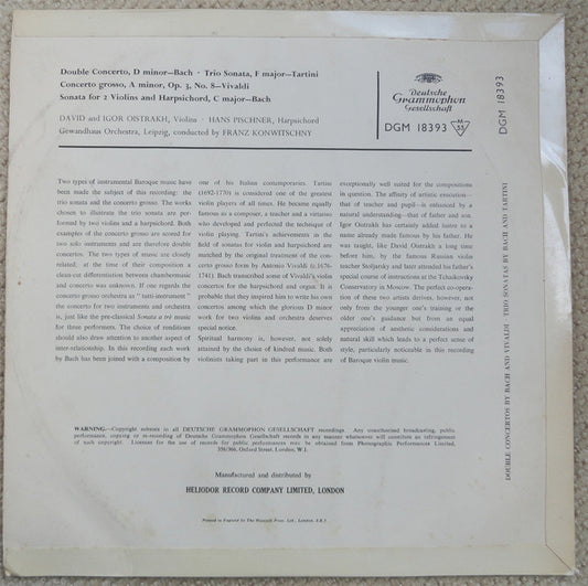 Johann Sebastian Bach, Antonio Vivaldi, Giuseppe Tartini : Double Concertos By Bach And Vivaldi, Trio Sonatas By Bach And Tartini (LP, Mono)