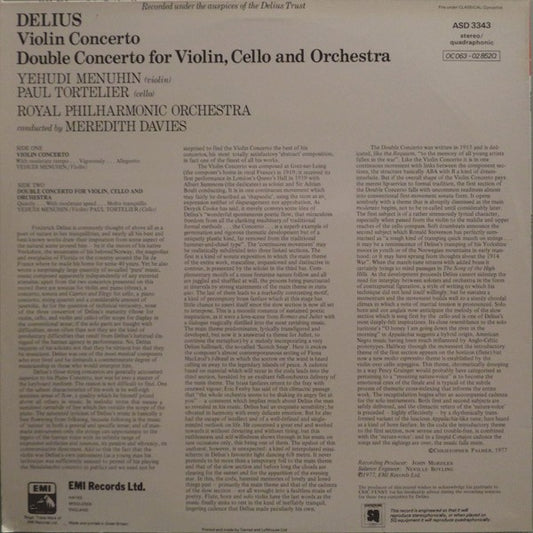 Frederick Delius - Yehudi Menuhin, Paul Tortelier, Royal Philharmonic Orchestra, Meredith Davies : Violin Concerto / Double Concerto For Violin, Cello & Orchestra (LP, Quad)