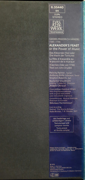 Georg Friedrich Händel - Felicity Palmer • Anthony Rolfe Johnson, Stephen Roberts (2) • Stockholm Bach Choir, Concentus Musicus Wien, Nikolaus Harnoncourt : Alexander's Feast (2xLP + Box)