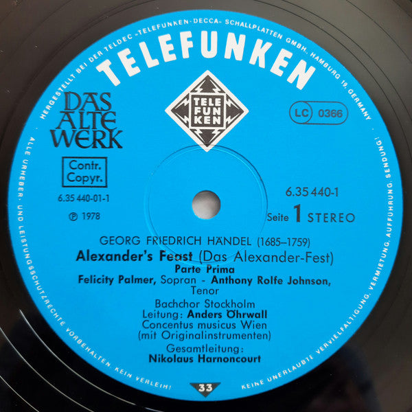 Georg Friedrich Händel - Felicity Palmer • Anthony Rolfe Johnson, Stephen Roberts (2) • Stockholm Bach Choir, Concentus Musicus Wien, Nikolaus Harnoncourt : Alexander's Feast (2xLP + Box)